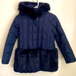Crewcut faux fur trimmed hooded down jacket, size 10, dark navy